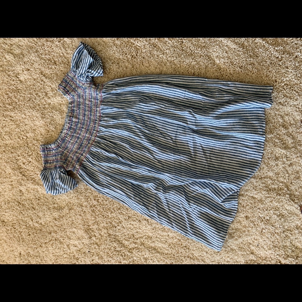 Smocked linen/rayon striped dress